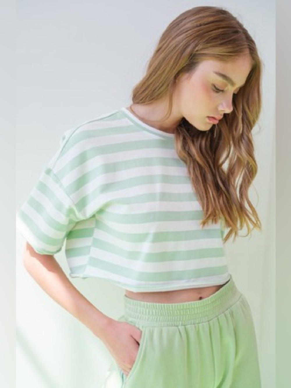 Women’s Mint Green Striped Cropped Tee - 572-577